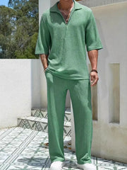 Men's Johnny Collar Half Sleeve Top and Pants Set Gum Leaf / S