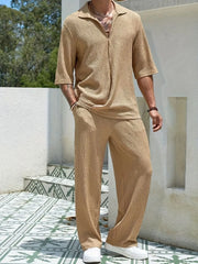 Men's Johnny Collar Half Sleeve Top and Pants Set Khaki / S