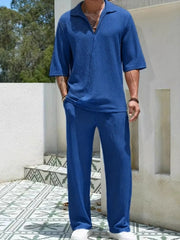 Men's Johnny Collar Half Sleeve Top and Pants Set Royal Blue / S