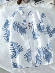 Men's Leaf Print Button Up Short Sleeve Shirt Blue / S