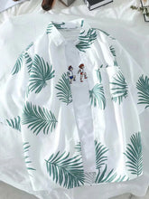 Men's Leaf Print Button Up Short Sleeve Shirt Green / S