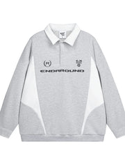 Men's Letter Contrast Long Sleeve Polo Sweatshirt Grey / S