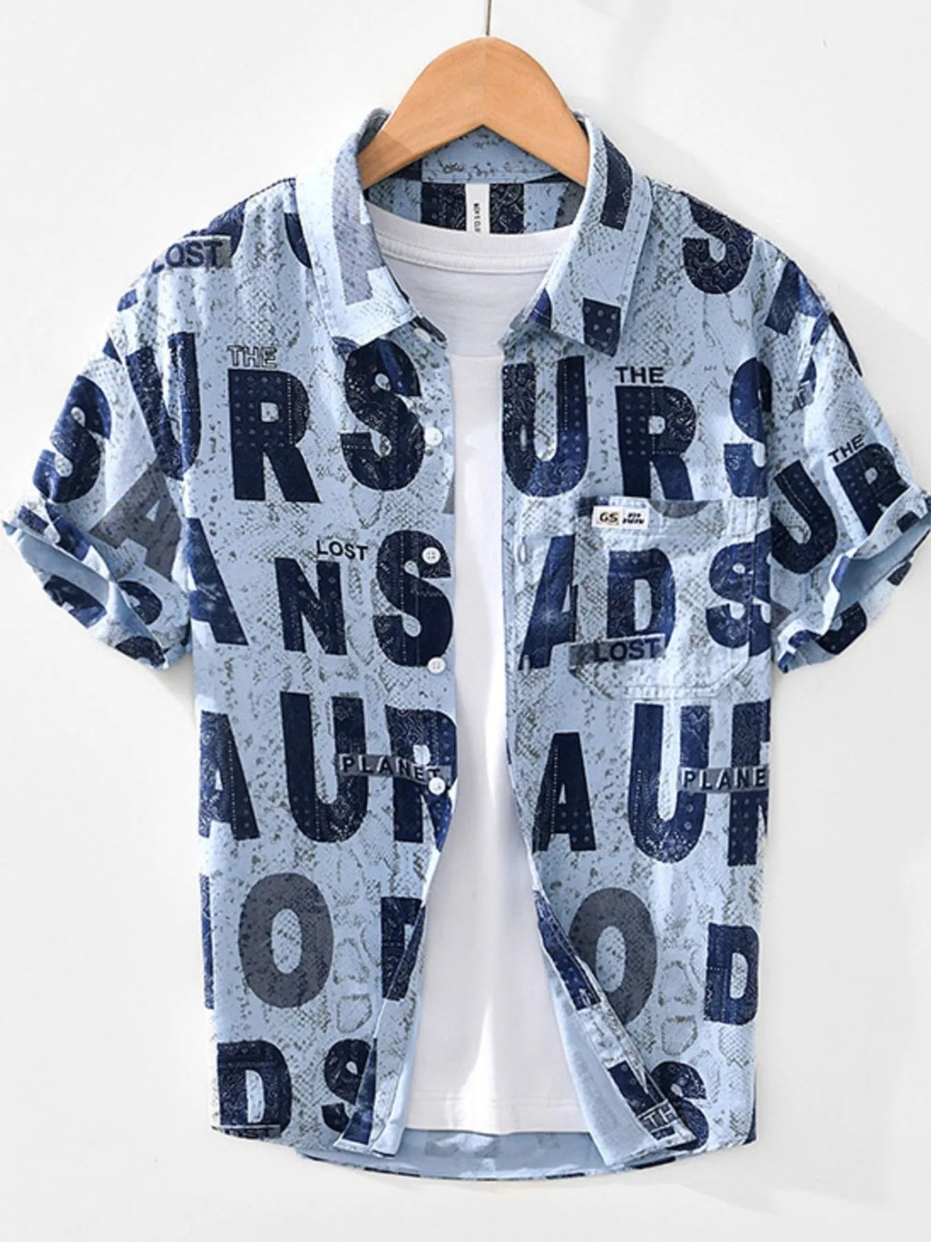 Men's Letter Print Short Sleeve Shirt Blue / M
