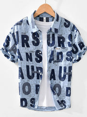 Men's Letter Print Short Sleeve Shirt Blue / M