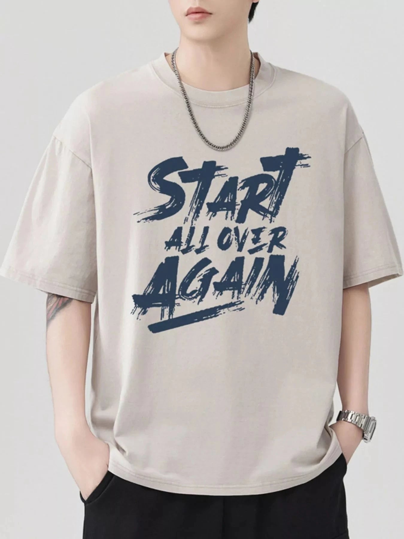 Men's Letter Round Neck Half Sleeve T-Shirt Apricot / S