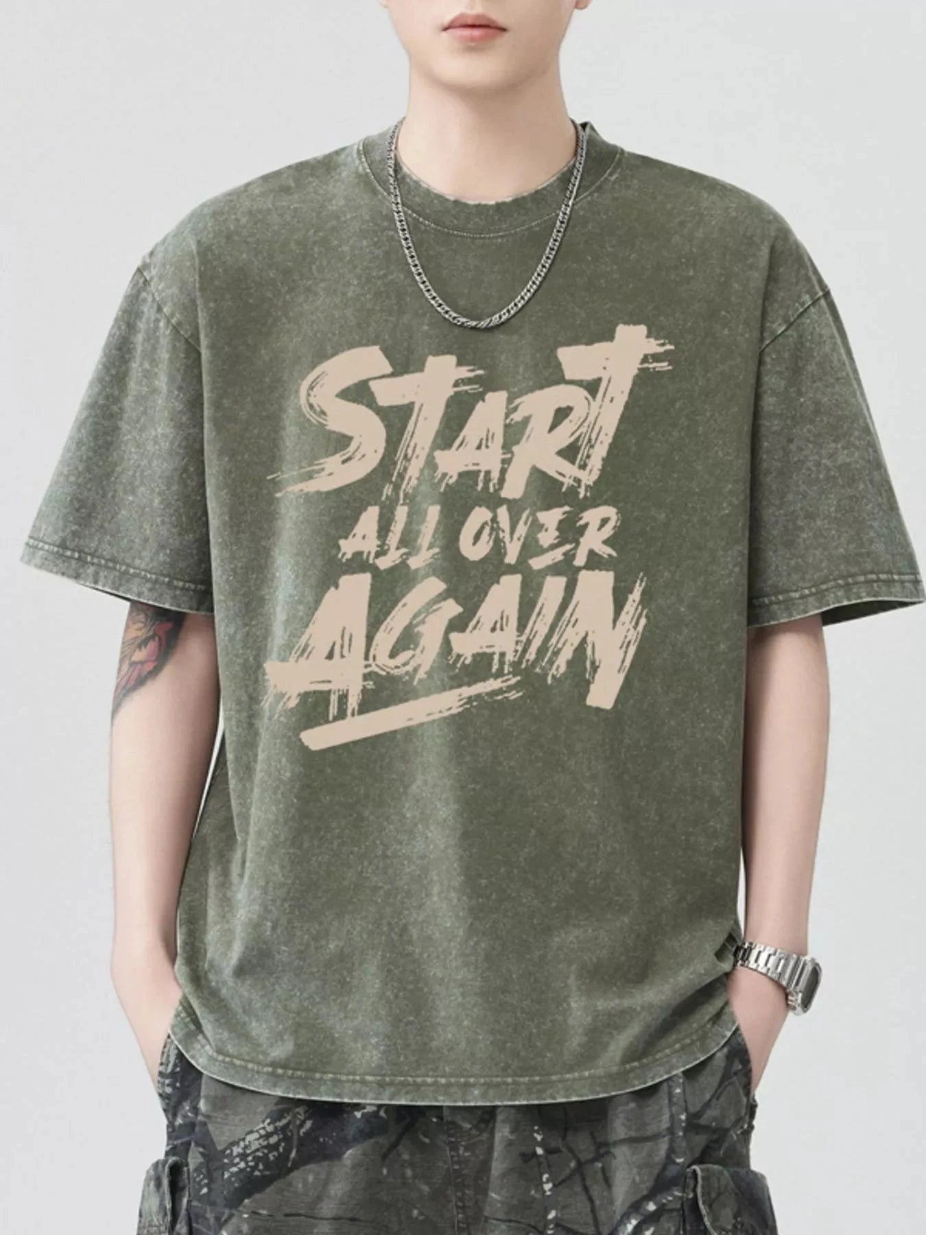 Men's Letter Round Neck Half Sleeve T-Shirt Green / S