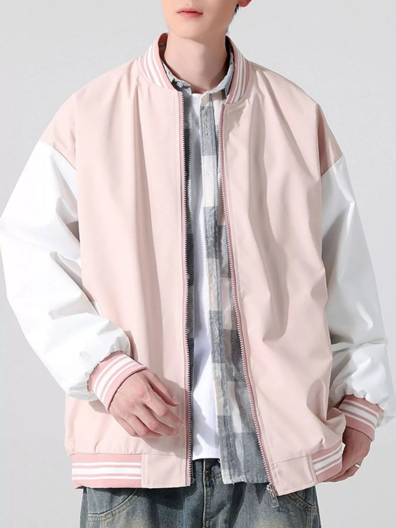 Men's Lightweight Color Block Zip Up Jacket Light Pink / S