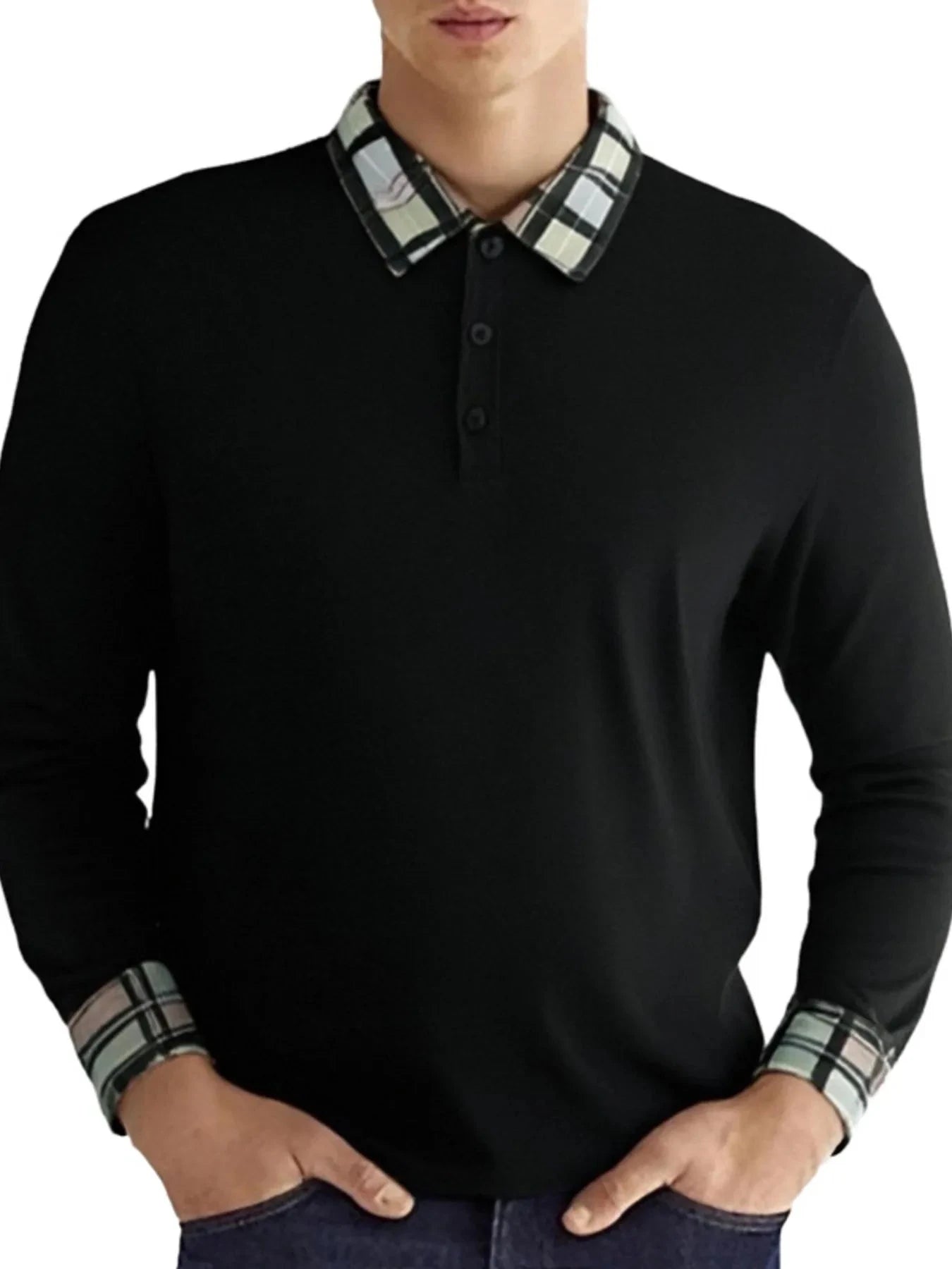 Men's Long Sleeve Plaid Collar Polo Shirt Black / S