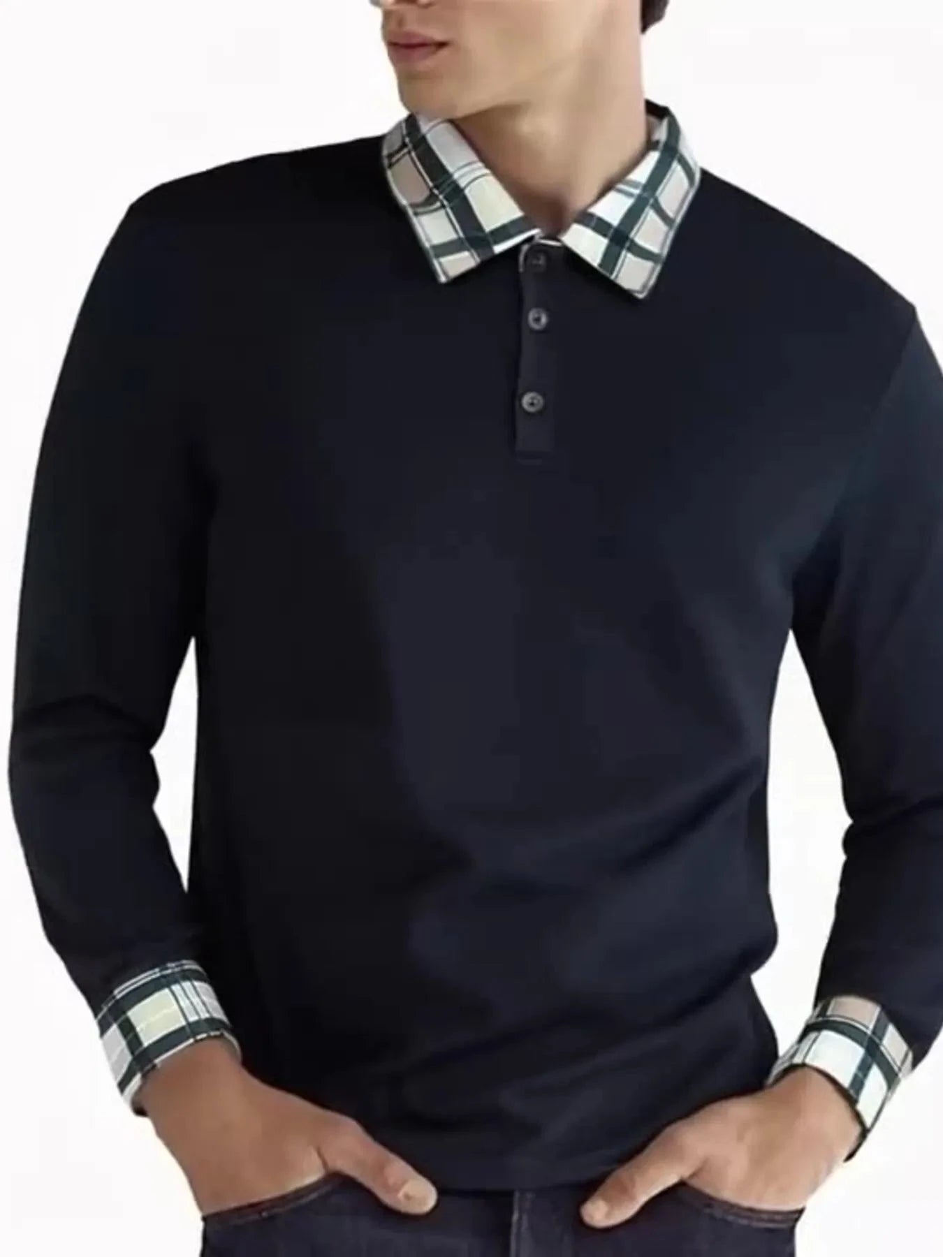 Men's Long Sleeve Plaid Collar Polo Shirt Navy Blue / S