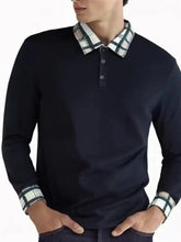 Men's Long Sleeve Plaid Collar Polo Shirt Navy Blue / S