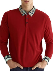 Men's Long Sleeve Plaid Collar Polo Shirt Red / S