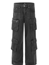 Men's Multi-Pocket Cargo Style Wide Leg Jeans Black Gray / S