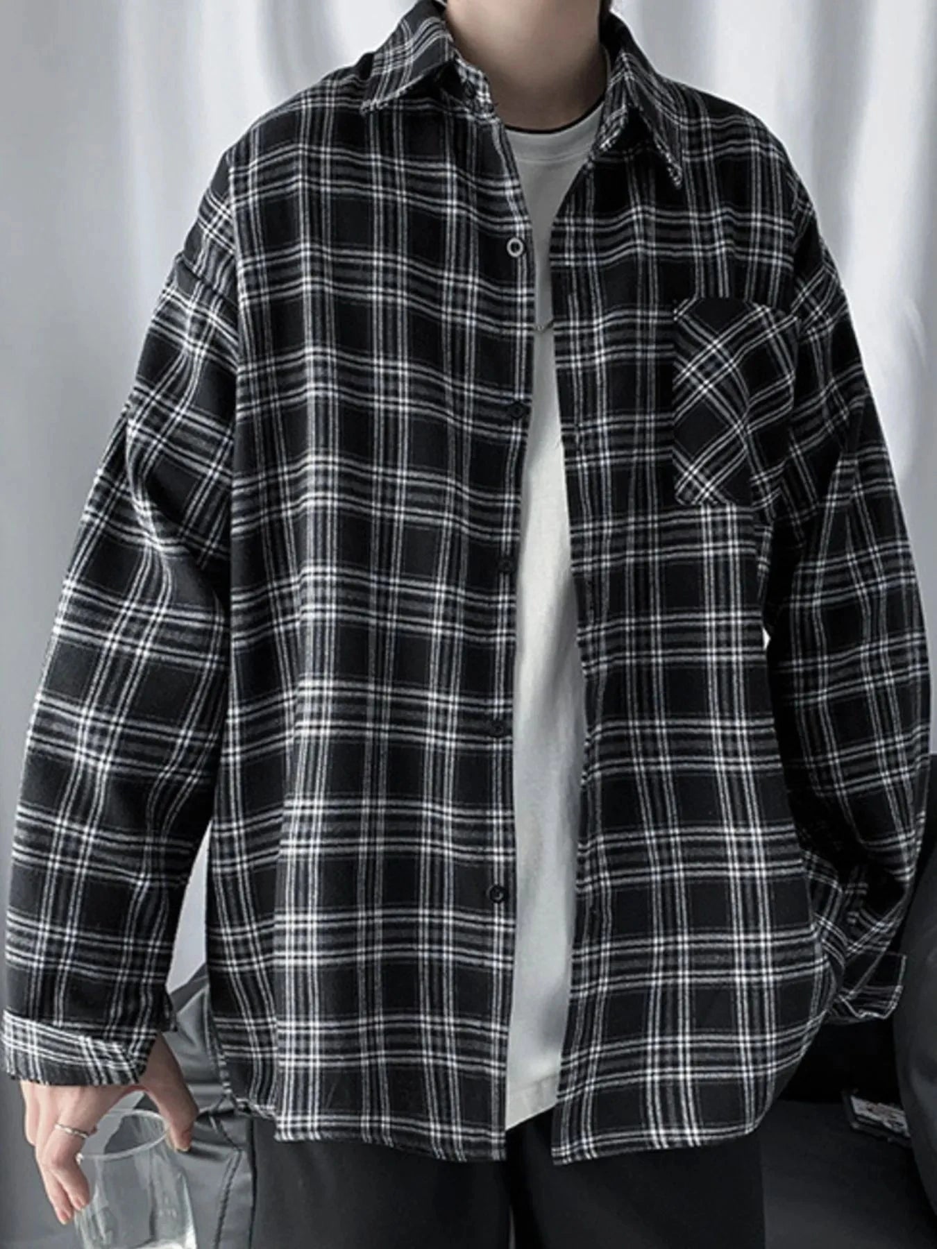 Men's Plaid Button Up Long Sleeve Shirt Black / M