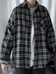 Men's Plaid Button Up Long Sleeve Shirt Black / M