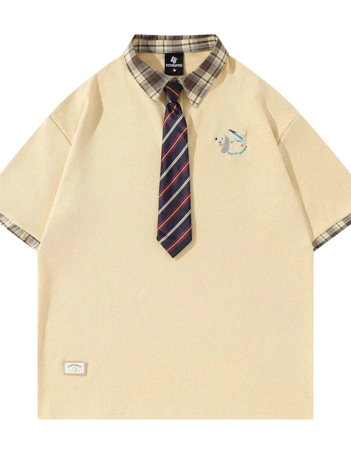 Men's Plaid Collar Short Sleeve Polo with Tie Yellow / M