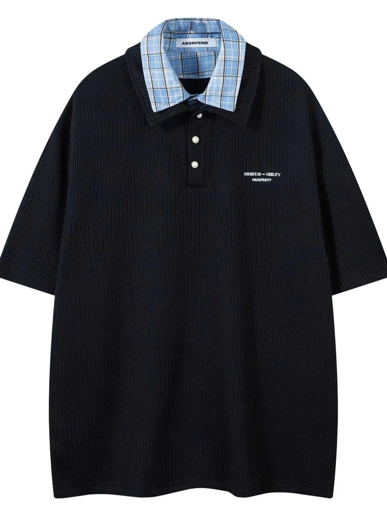 Men's Plaid Collar Short Sleeve Ribbed Polo Black / S