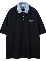Men's Plaid Collar Short Sleeve Ribbed Polo Black / S
