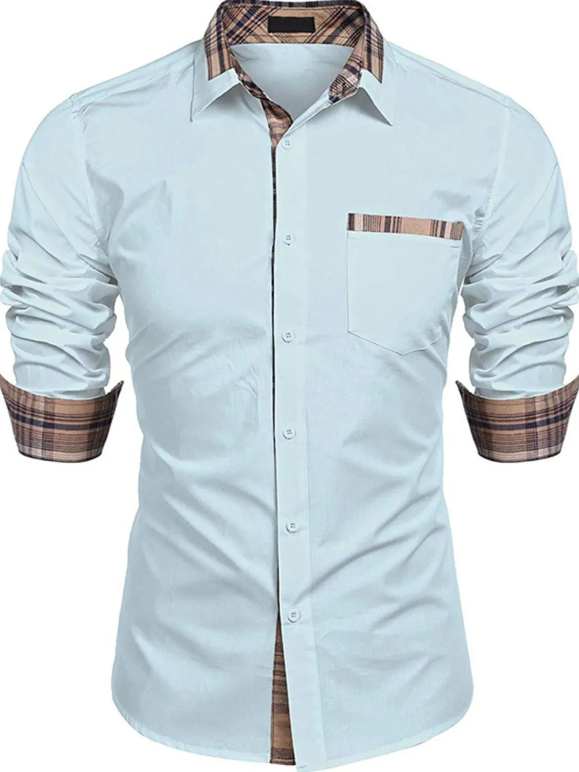 Men's Plaid Collared Neck Long Sleeve Shirt Light Blue / S