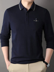 Men's Plus Size Button Detail Long Sleeve Polo Navy Blue / M