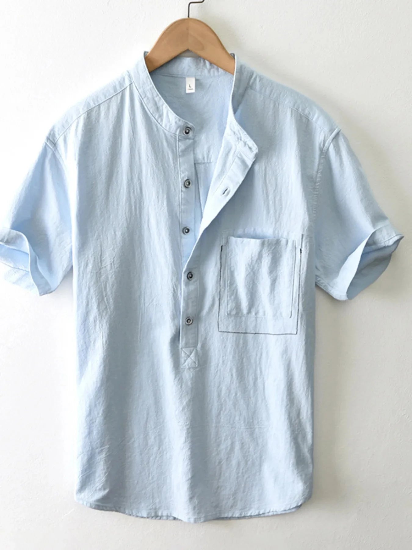 Men's Plus Size Button Detail Short Sleeve Blouse Light Blue / M