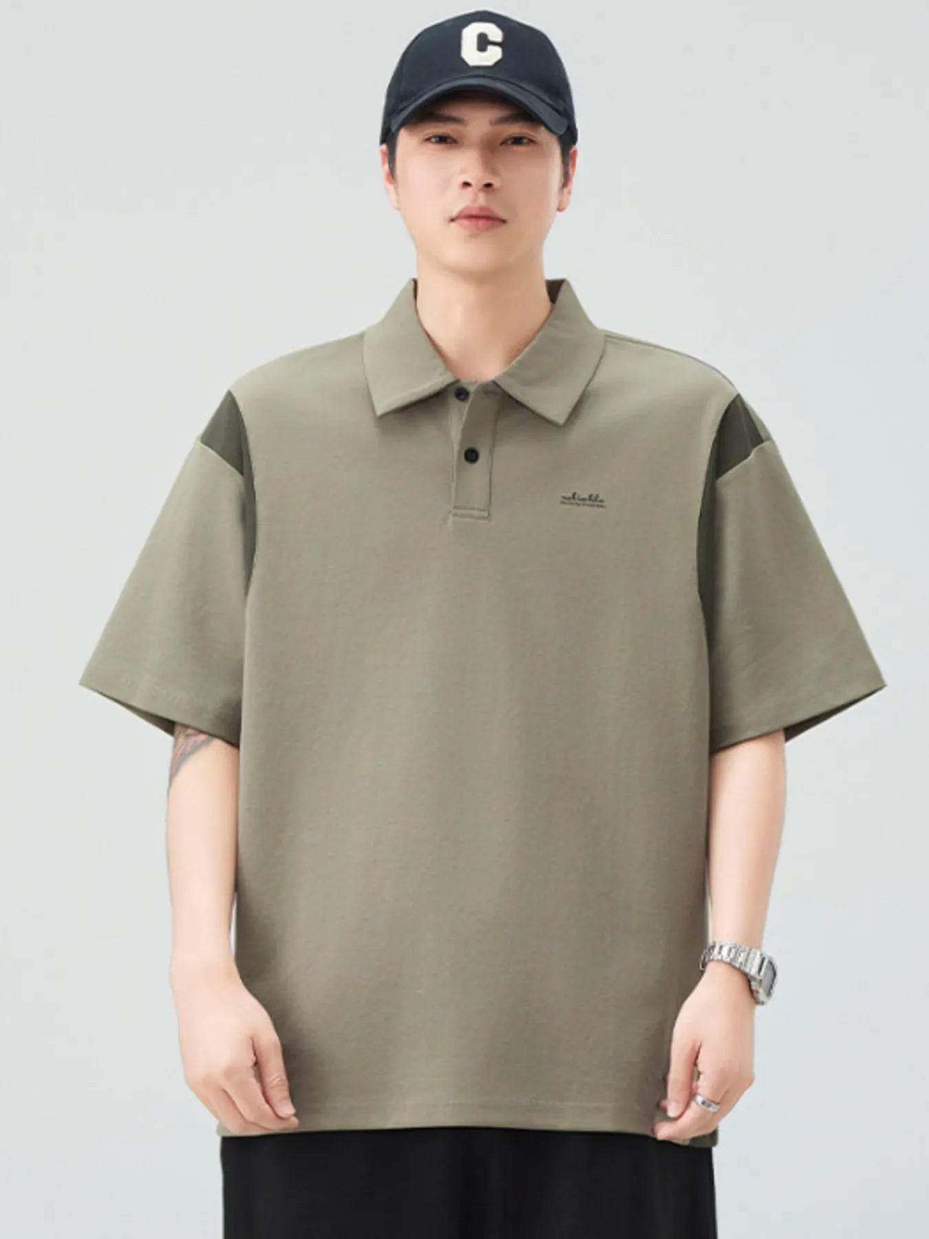 Men's Plus Size Button Detail Short Sleeve Polo Khaki Green / M