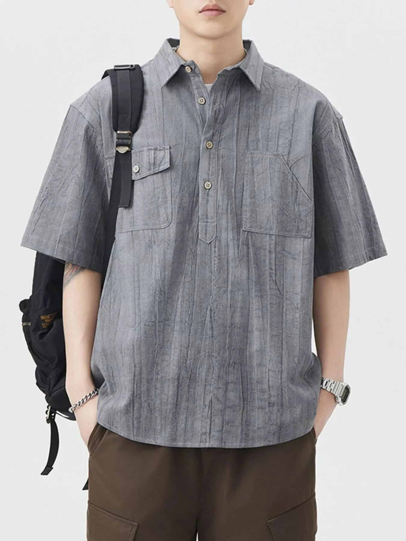 Men's Plus Size Button Detail Short Sleeve Shirt Grey / M