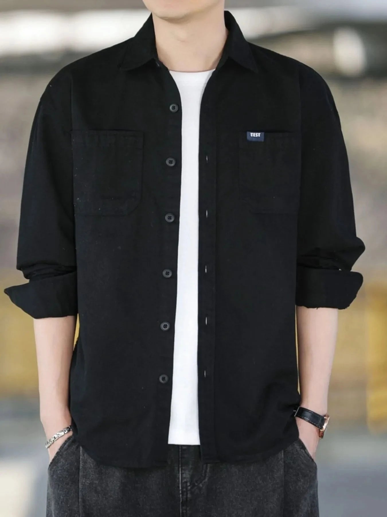 Men's Plus Size Button Up Long Sleeve Shirt Black / M