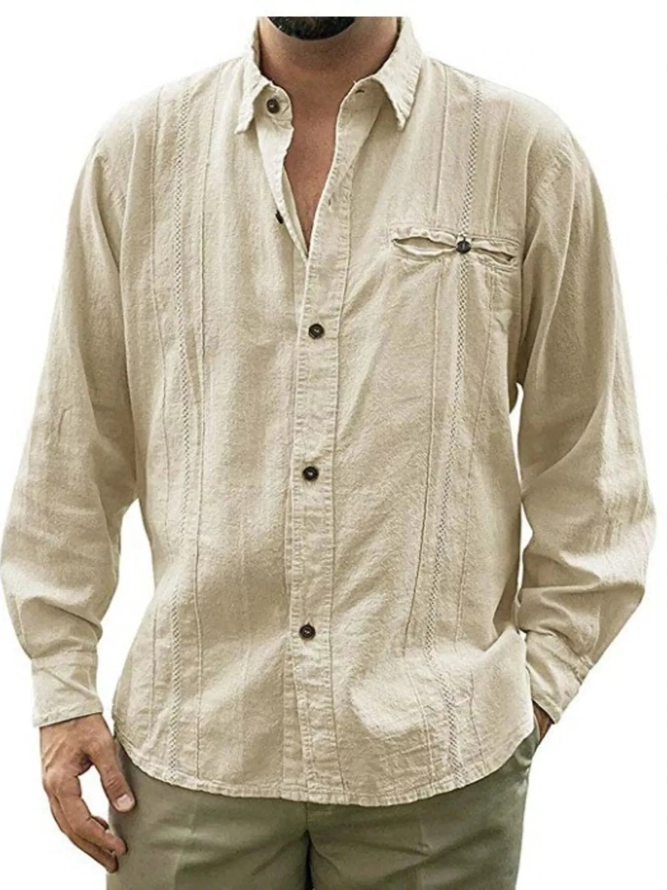 Men's Plus Size Button Up Long Sleeve Shirt Khaki / M