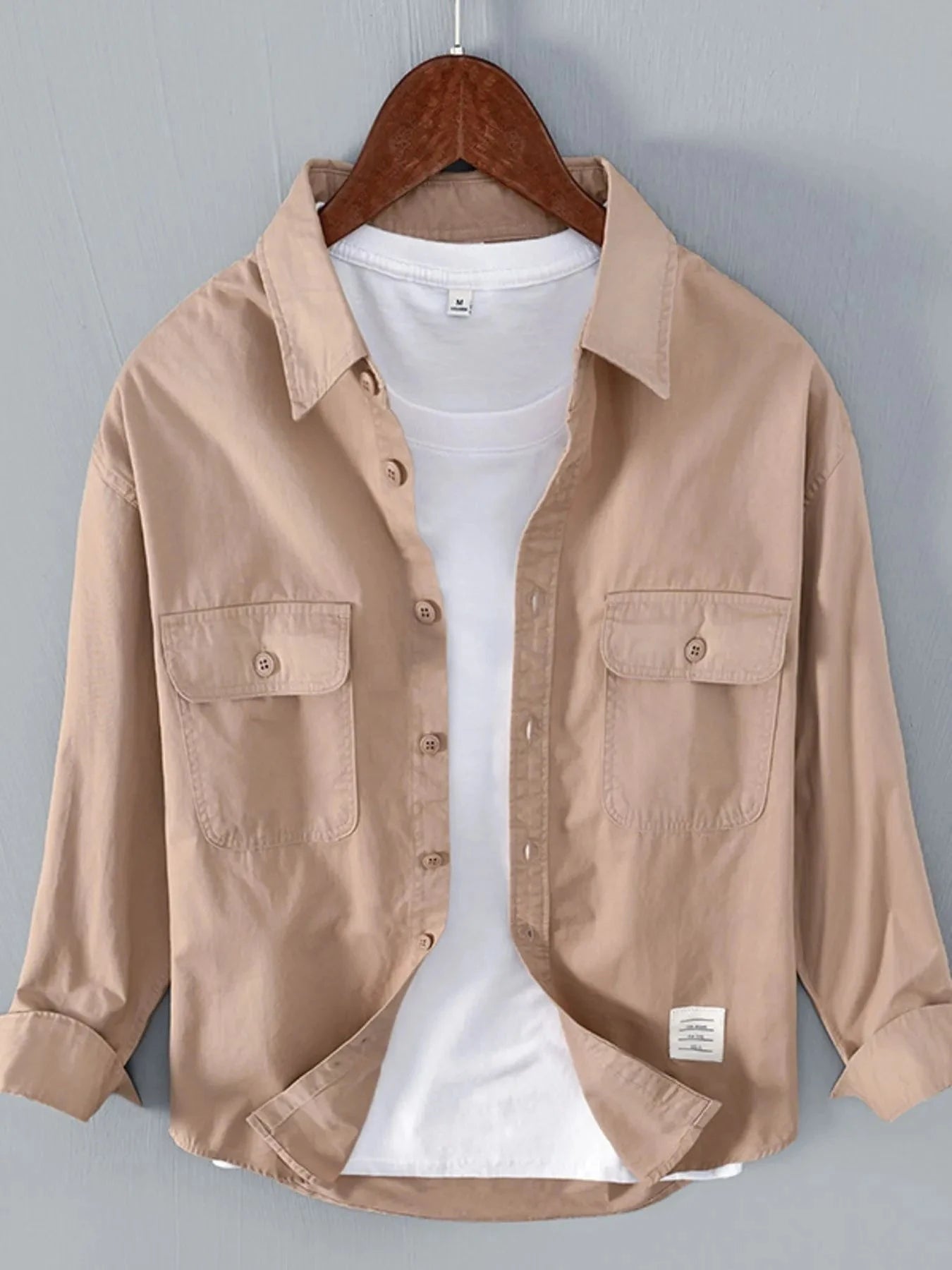 Men's Plus Size Button Up Long Sleeve Shirt Khaki / M