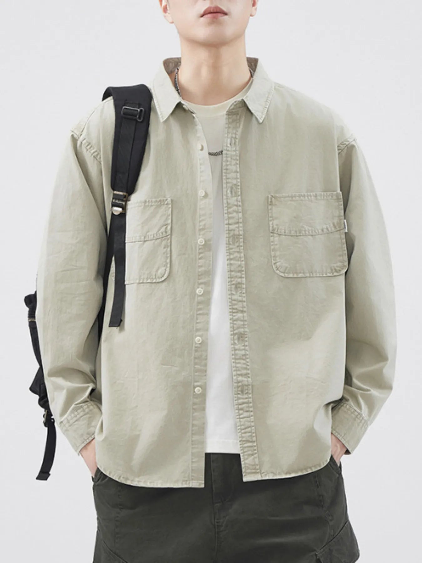 Men's Plus Size Button Up Long Sleeve Shirt Khaki / M