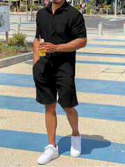 Men's Plus Size Button Up Shirt and Shorts Set Black / M