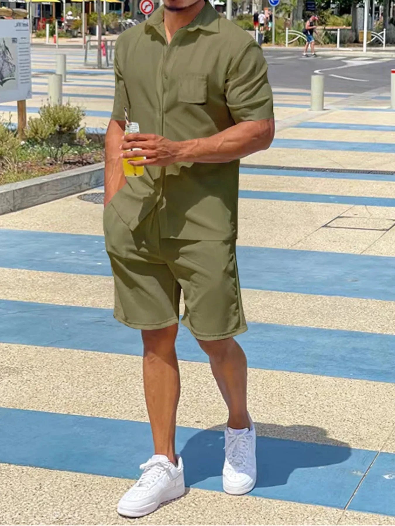 Men's Plus Size Button Up Shirt and Shorts Set Military Green / M