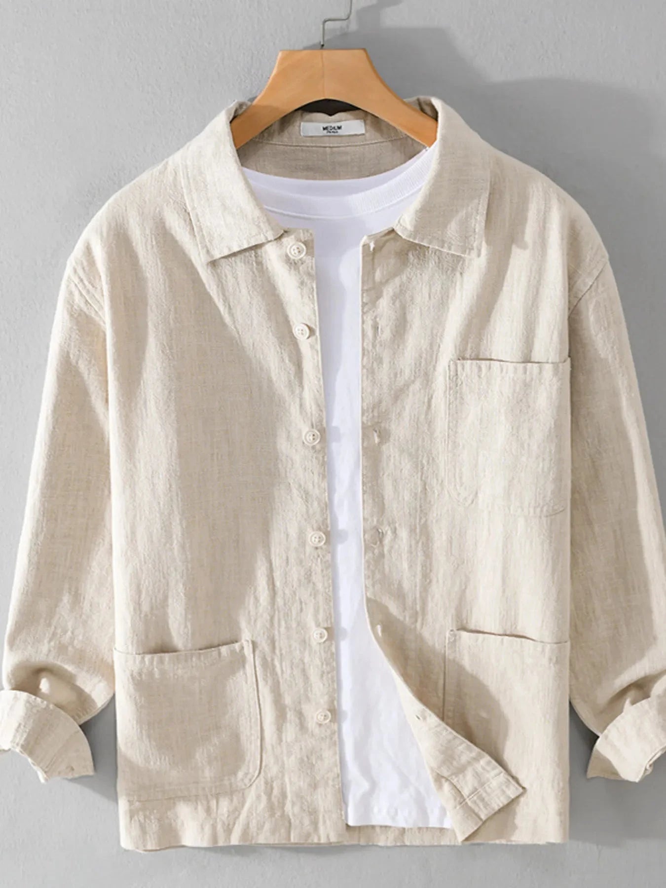 Men's Plus Size Button-Up Shirt with Chest Pocket Hemp Color / M