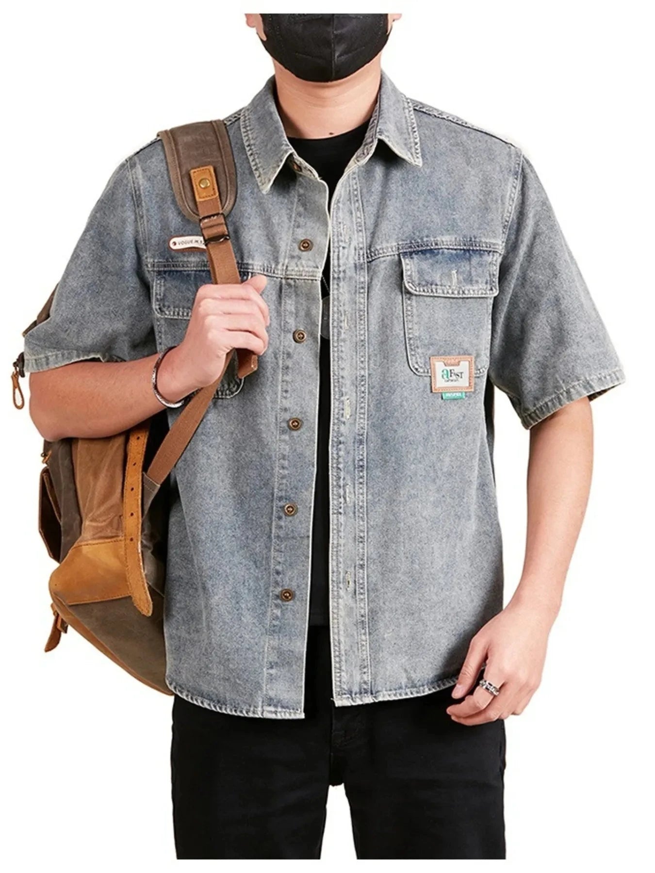 Men's Plus Size Button Up Short Sleeve Denim Shirt Retro Color / M