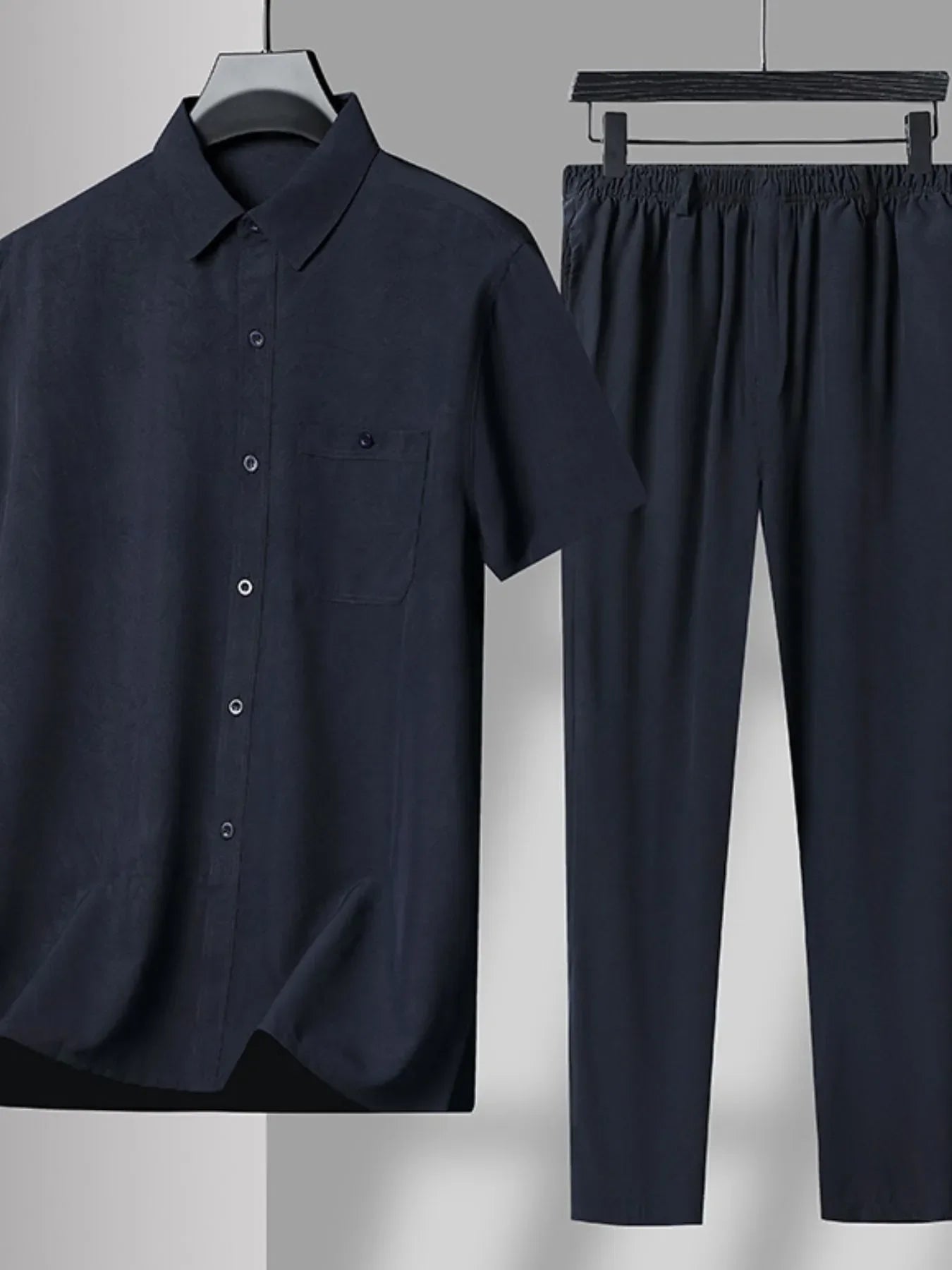 Men's Plus Size Button Up Short Sleeve Shirt and Pants Set Navy / L