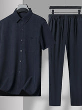 Men's Plus Size Button Up Short Sleeve Shirt and Pants Set Navy / L