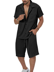 Men's Plus Size Button Up Short Sleeve Shirt and Shorts Set Black / M