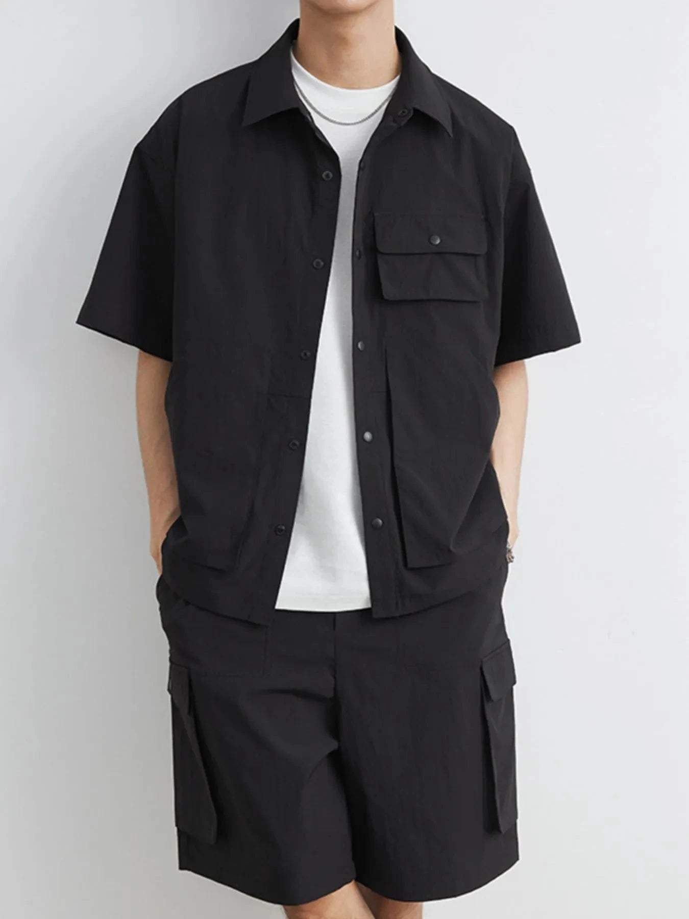 Men's Plus Size Button Up Short Sleeve Shirt and Shorts Set Black / M