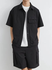Men's Plus Size Button Up Short Sleeve Shirt and Shorts Set Black / M
