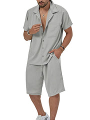 Men's Plus Size Button Up Short Sleeve Shirt and Shorts Set Gray / M