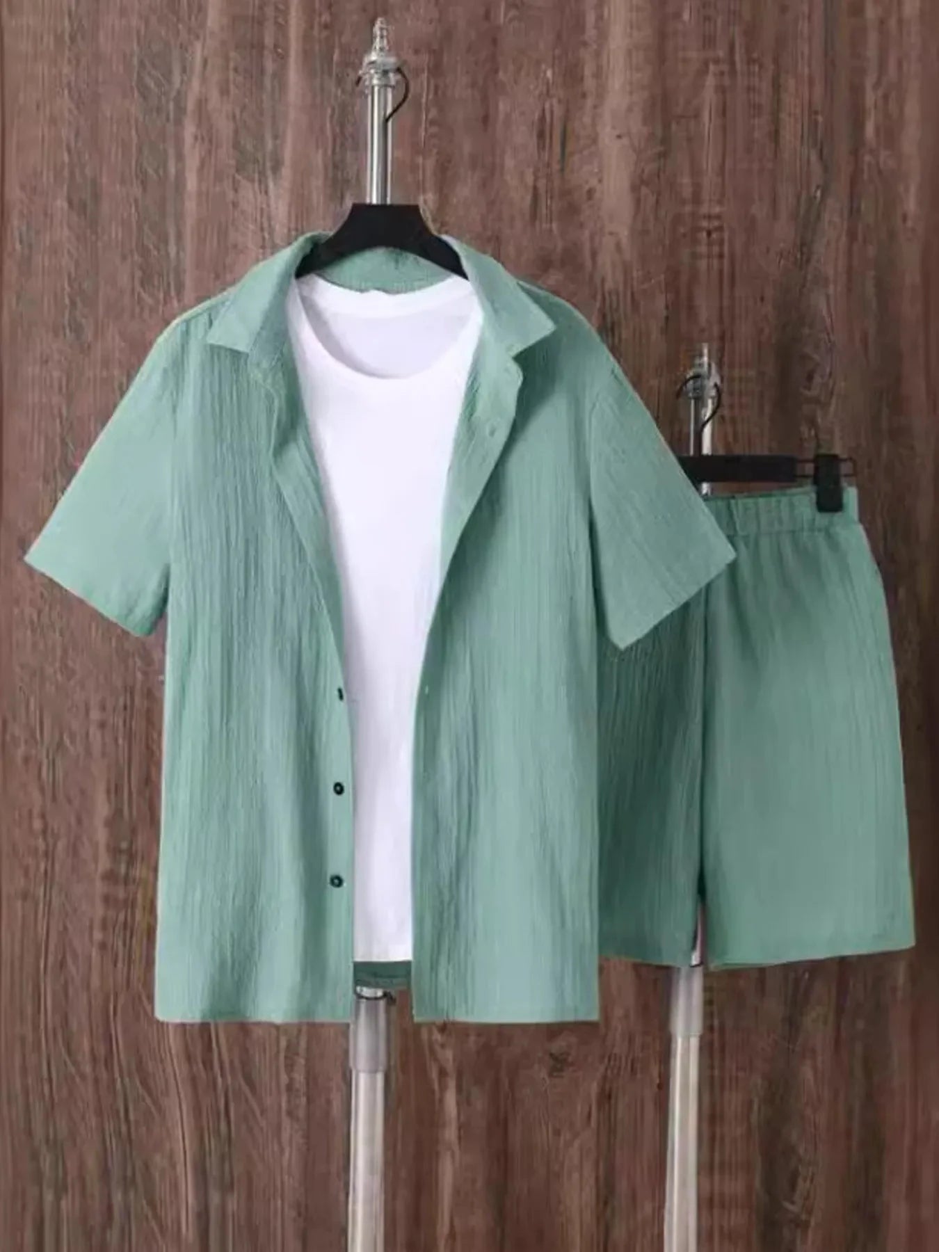 Men's Plus Size Button Up Short Sleeve Shirt and Shorts Set Green / M