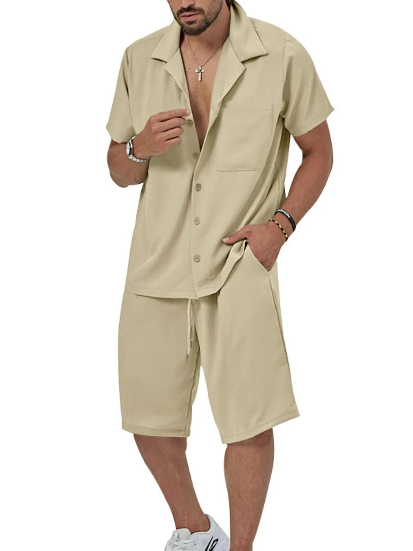 Men's Plus Size Button Up Short Sleeve Shirt and Shorts Set Khaki / M