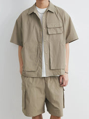 Men's Plus Size Button Up Short Sleeve Shirt and Shorts Set Khaki / M