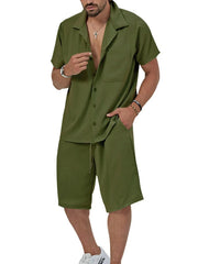 Men's Plus Size Button Up Short Sleeve Shirt and Shorts Set Military Green / M