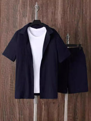 Men's Plus Size Button Up Short Sleeve Shirt and Shorts Set Navy Blue / M
