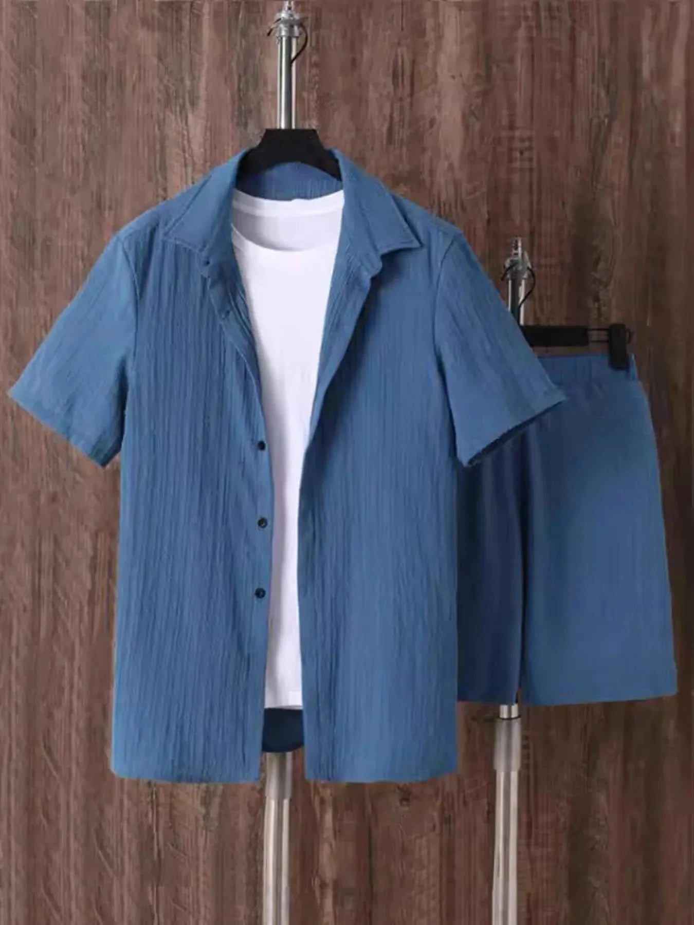 Men's Plus Size Button Up Short Sleeve Shirt and Shorts Set Royal Blue / M