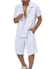 Men's Plus Size Button Up Short Sleeve Shirt and Shorts Set White / M