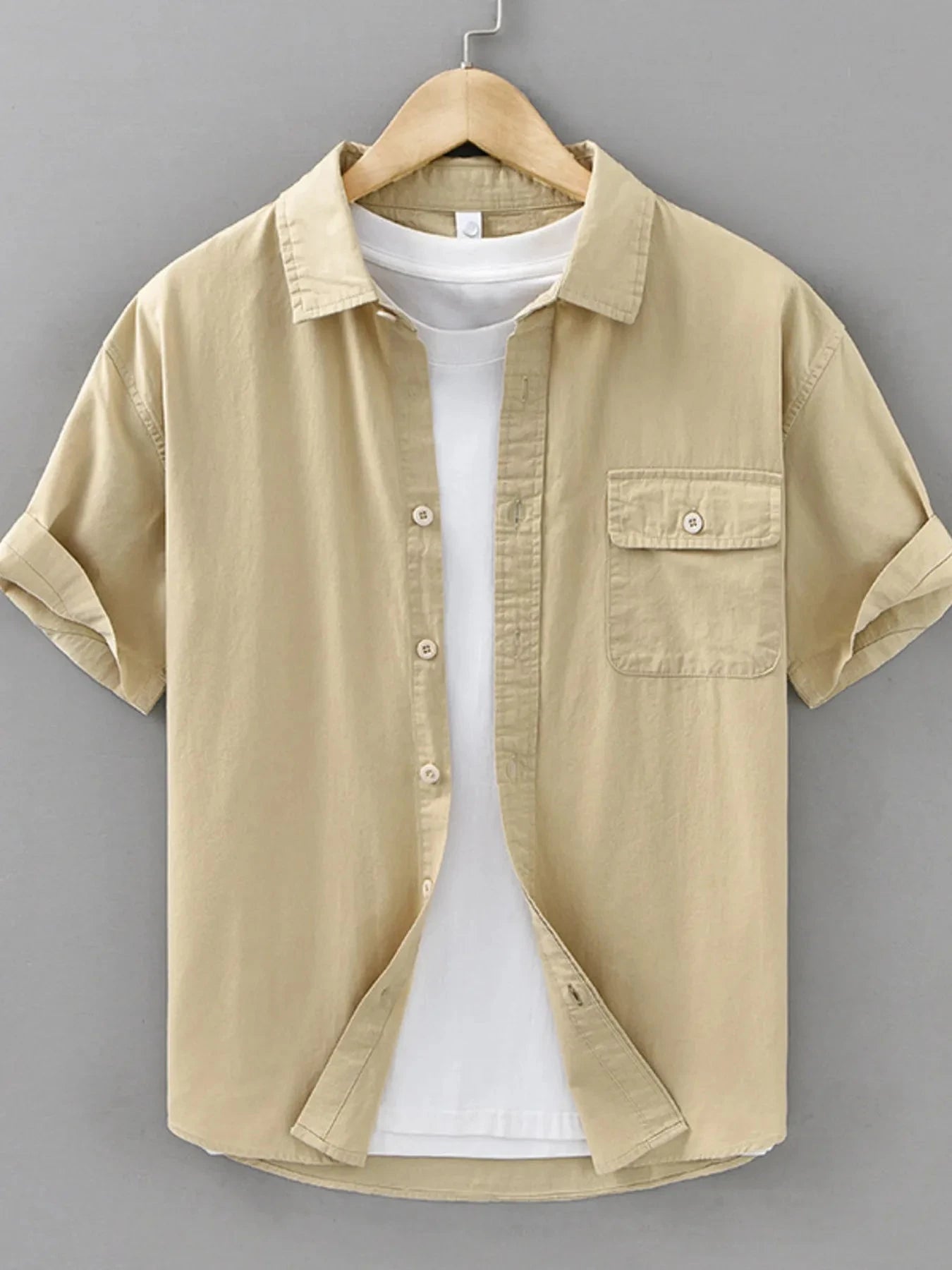 Men's Plus Size Button Up Short Sleeve Shirt Khaki / M