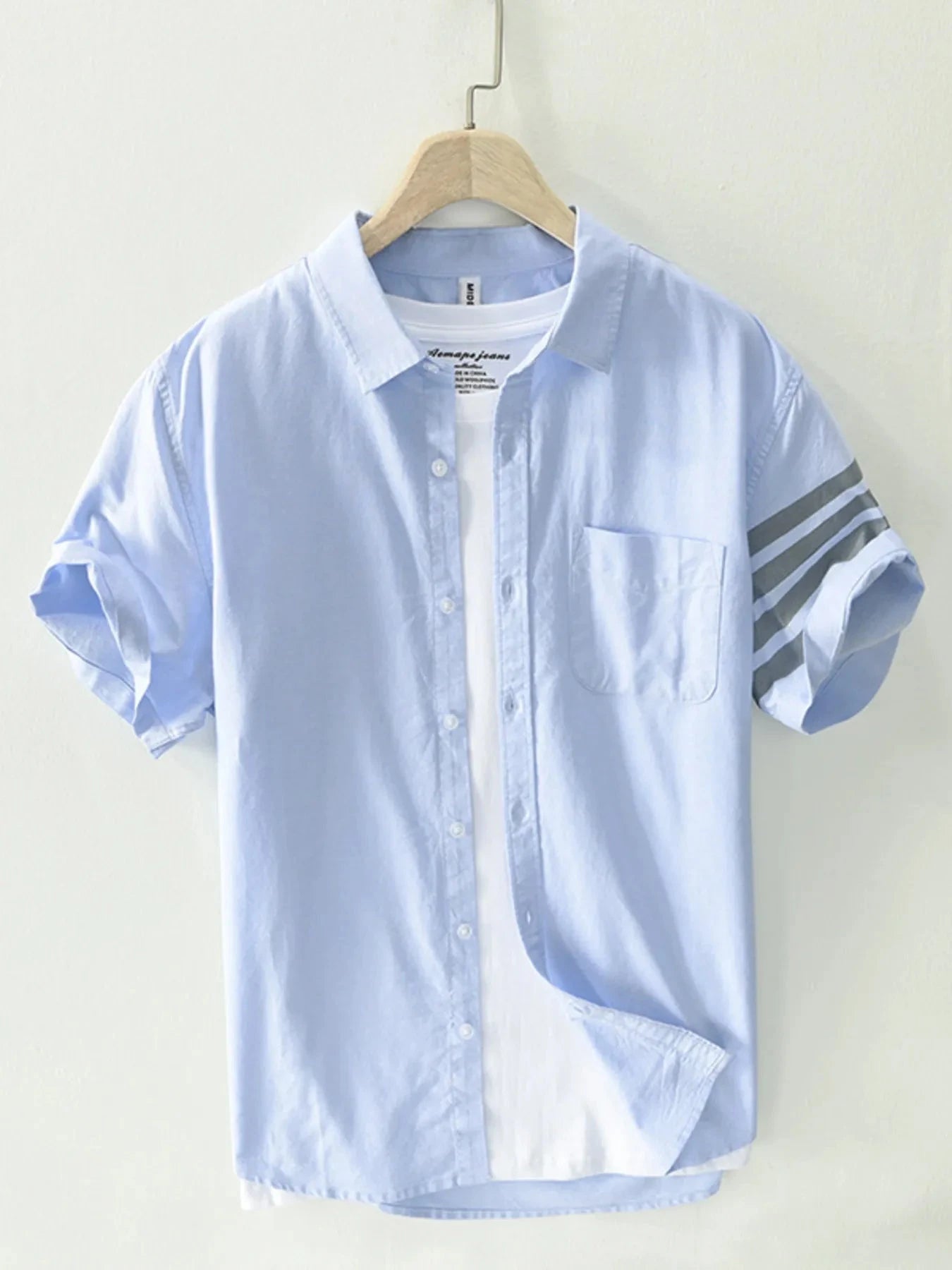 Men's Plus Size Button Up Striped Short Sleeve Shirt Light Blue / M