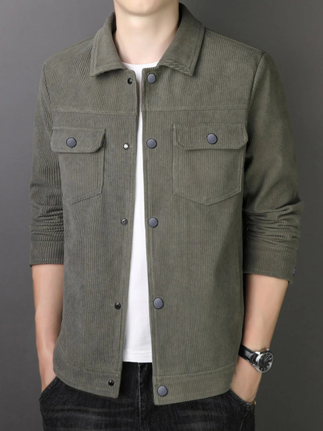 Men's Plus Size Casual Corduroy Button-Down Jacket Moss / M